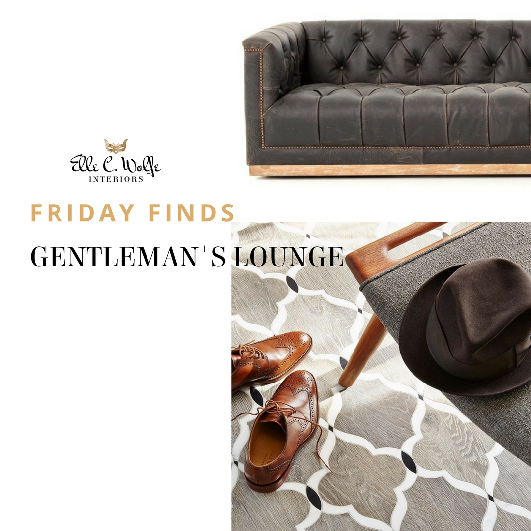 Elle C Wolfe Interiors photo collage with masculine distressed leather chesterfield sofa with Walker Zanger wood and marble tile