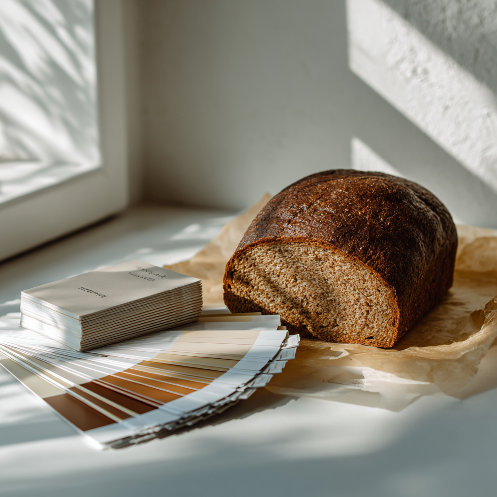Loaf of pumpernickel bread next to paint swatches on a bright kitchen counter, illustrating the “Pumpernickel Principle” about not settling for close enough design.